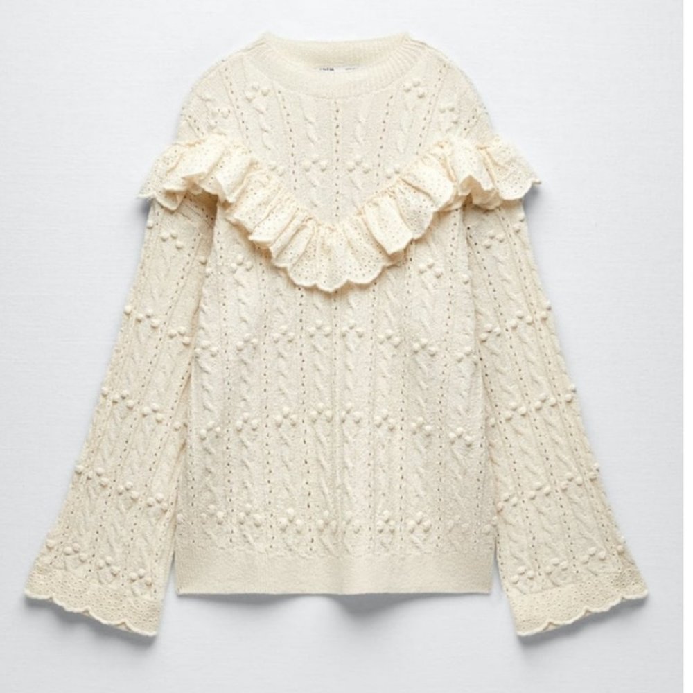 ZARA * NWT POINTELLE RUFFLED KNIT SWEATER CREAM